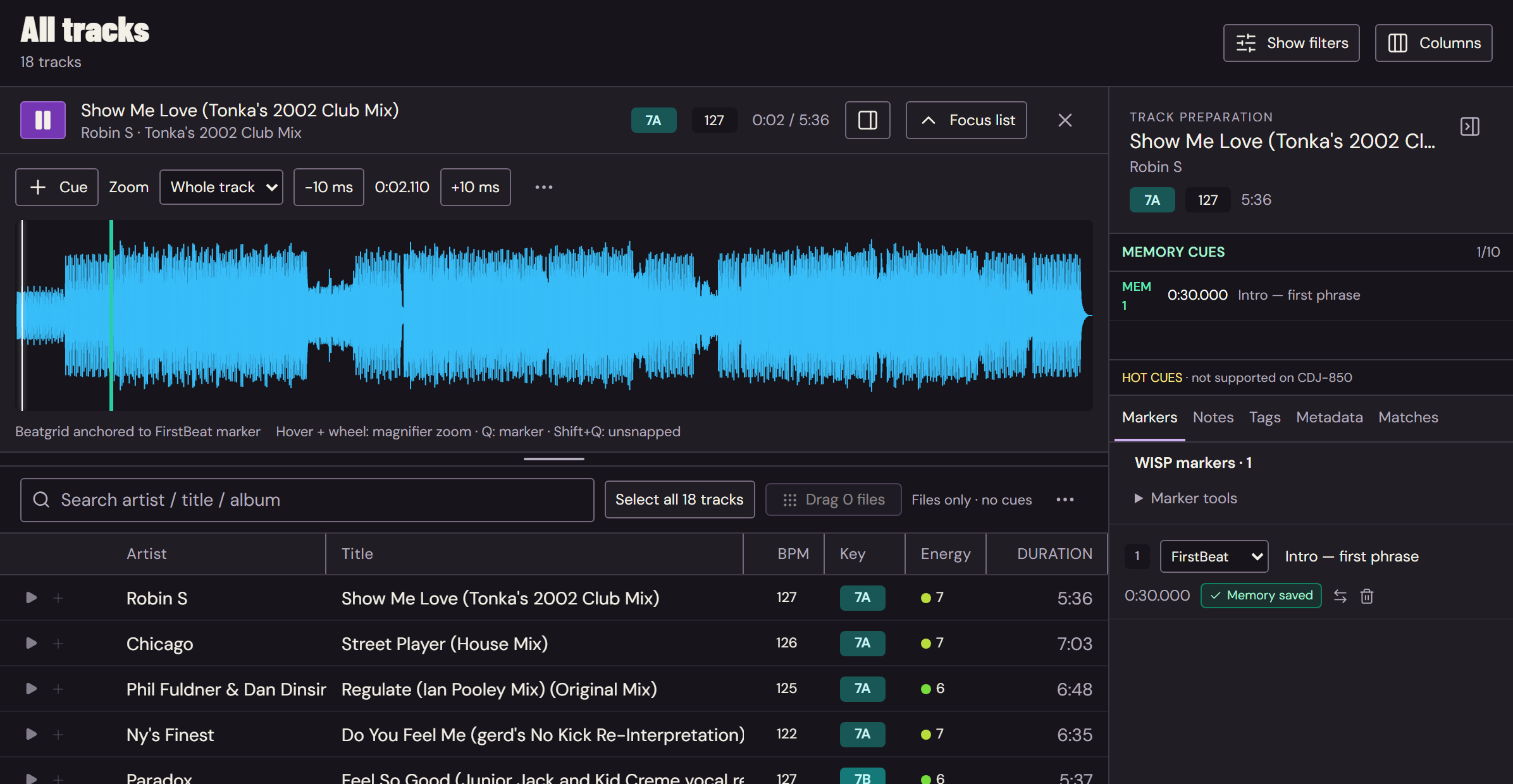 The redesigned WISP library: organised tracks beside a focused preparation panel for Show Me Love (Tonka’s 2002 Club Mix) by Robin S.