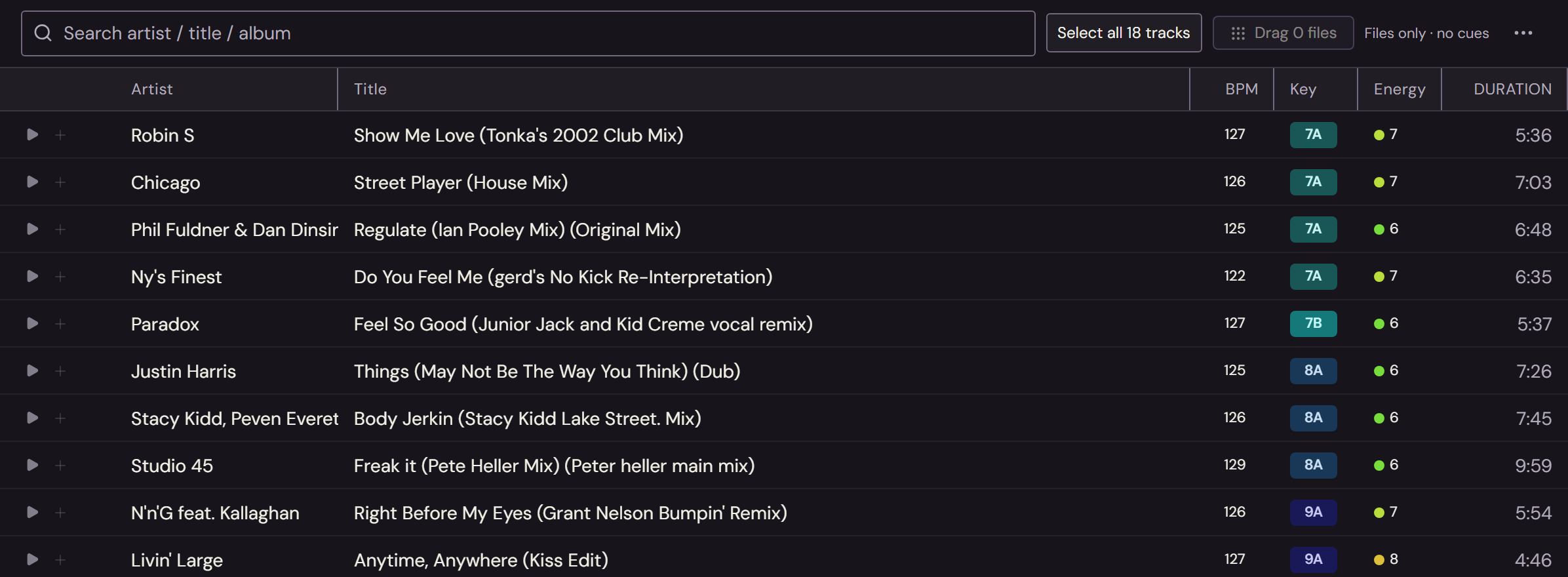 Focused WISP library rows showing real track titles, BPM, key and the search field.